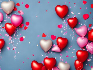 Canvas Print - Festive Romantic Background with Balloons Hearts and Vonfetti Valentine's Day, Generative AI Illustration