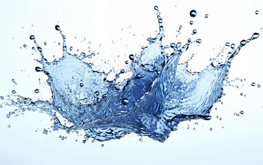 Wall Mural - water image.There is a flying blue water splash on a white background, creating an illustrative image with copy space that portrays water.   Generative AI