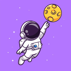 cute astronaut catching moon cartoon vector icon illustration. science technology icon concept isola
