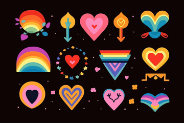 Aufkleber - Happy Pride LGBTQ element set. Pride month badges, gender equality, sticker, rights concept. Flat vector illustrations isolated on black background. Vector illustration