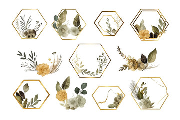 Sticker - Luxury botanical gold wedding frame elements on white background. Generative AI