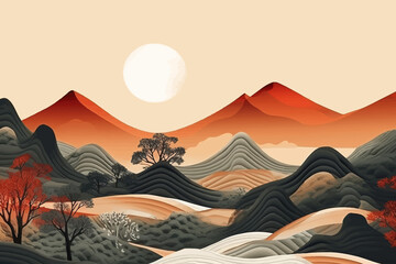 Wall Mural - Mountain in oriental style background vector. Minimalistic landscape design of mountains with a watercolor brush and artistic texture for prints, decoration.  Generative AI