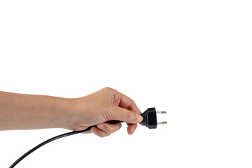 Electric plug on white background. Hand with plug isolated on transparent background.