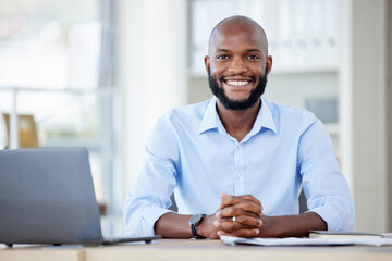 Poster - Portrait, black man and business writer in office with pride for career or company job. Face, smile and professional, entrepreneur and male copywriter from South Africa with success mindset at work.