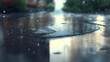 A rainy day in the city in summer. The texture of powerful drops and splashes of water. A puddle with ripples on the road. AI generation