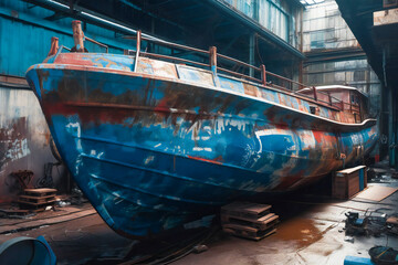 Wall Mural - Old rusty ship under repair on dry dock. Created with Generative AI technology.