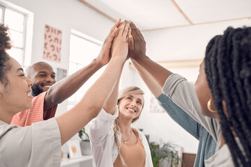 Poster - Teamwork, high five and group of business people with goal, support and collaboration at start up. Happy team, coworking and trust, hands together with smile, employees working with job cooperation.
