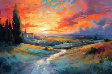 Wall Mural - amazing nature sunset impressionism ai generated art Generative AI
