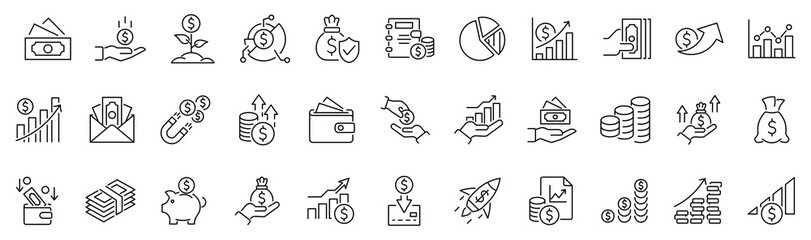 set of line icon related to income, salary, money, business. outline icon collection. editable strok