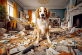 Fototapeta  - Golden retriever portrait against the backdrop of a mess at home created with Generative AI technology