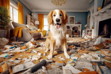 Golden Retriever Portrait Against The Backdrop Of A Mess At Home Created With Generative AI Technology