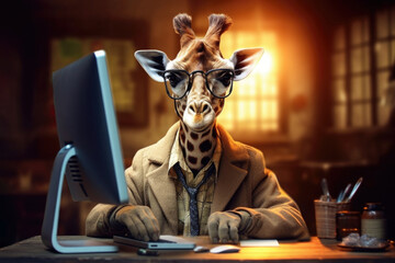 Funny serious giraffe IT specialist made with Generative AI technology