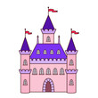 Vector medieval castle with outline, ancient french pink palace with towers and flags, children illustration of princess fairytail castle 