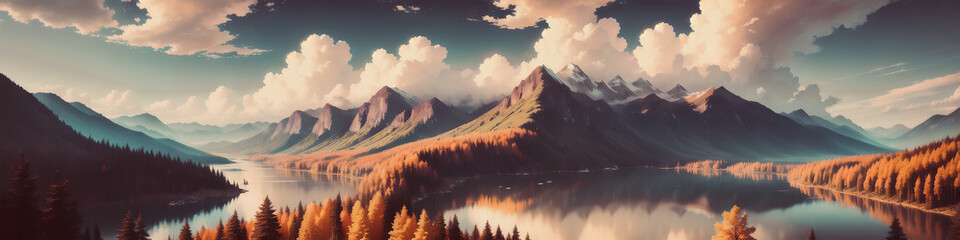 Wall Mural - A Mountain Landscape with a Surrounding Lake. Trees and Rocks. Generative AI