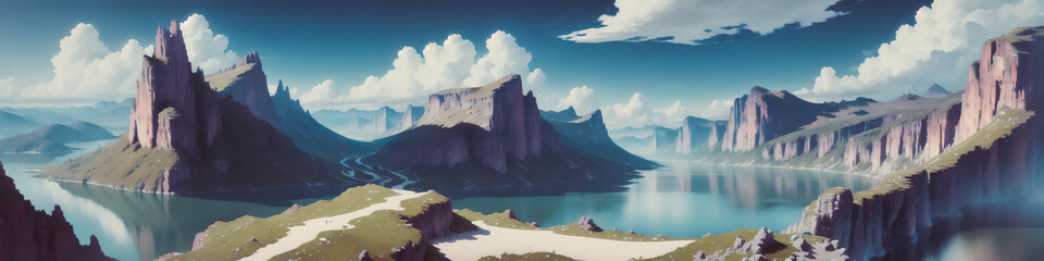 Wall Mural - A Serene Morning in Mountain Landscapes. Undiscovered Wilderness. Silence and Tranquility. Generative AI