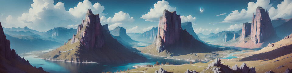 Wall Mural - A Serene Morning in Mountain Landscapes. Undiscovered Wilderness. Silence and Tranquility. Generative AI