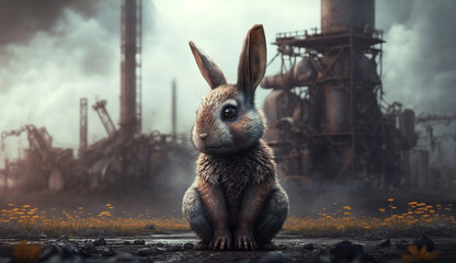 Wall Mural - little Rabbit standing in front Toxic mass from chemical. AI Generative.