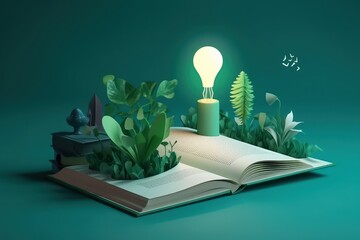 Wall Mural - Lightbulb with Plants on Open Book, Getting Smart and Intelligent from Reading Book. Created with Ai