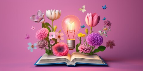 Wall Mural - Lightbulb with Flowers on Open Book, Getting Smart and Intelligent from Reading Book. Created with Ai