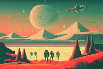 Poster - Retrofuturistic landscape in 80s sci-fi style. Retro science fiction scene with futuristic buildings. Generated AI.