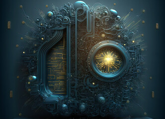 Poster - Abstract science and technology background with shiny connection elements and sci-fi intefrace. Tech abstraction wallpaper. Generated AI.