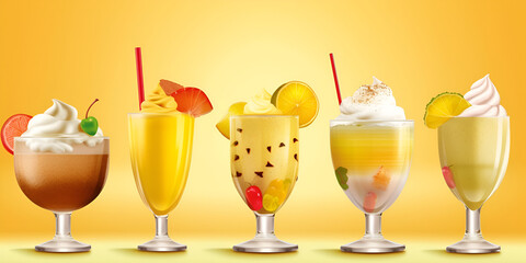 Poster - Dessert collection of sweet drinks. A set of cocktails and ice cream decorated with fruits and sweets. Generative AI