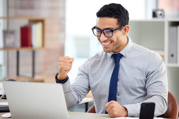 Winning, laptop and business man with success, yes and cheers for bonus, investment and startup profit or news. Winner, professional employee or person with fist, celebration and reading on computer