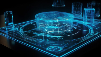 Poster - Digital informational technology web futuristic hologram, seamlessly integrated with the surrounding environment, Generative AI
