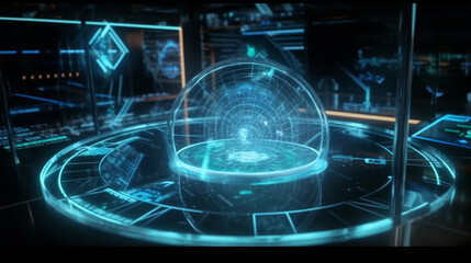 Poster - mesmerizing digital informational technology web futuristic hologram, seamlessly integrated with the surrounding environment, Generative AI