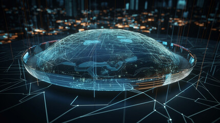 Poster - Digital informational technology web futuristic hologram, seamlessly integrated with the surrounding cloud formations, Generative AI