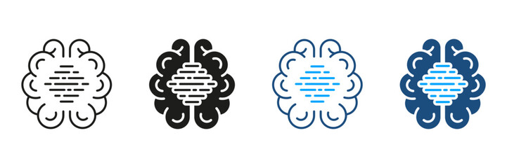 Poster - Human Brain with Circuit, Digital Technology Black and Color Symbol Collection. Artificial Intelligence Pictogram. Tech Science Silhouette and Line Icons Set. Isolated Vector Illustration