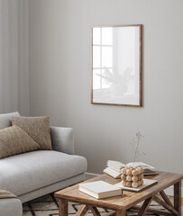 Mockup frame in farmhouse living room interior, 3d render