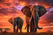 Elephant Sunset. Two Big Elephant With Tusk And Red Orange Evening Light On The Sky Clouds