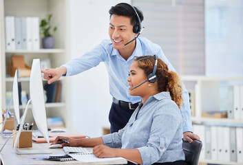 Wall Mural - Customer support, training and manager with woman on computer for help, advice and assistance. Telemarketing, call center and female intern with Asian man boss for contact, crm service and consulting
