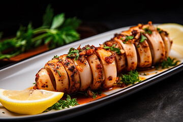 A dish of baked squid, also known as stuffed calamari, prepared and ready to serve, illustrating a gourmet seafood meal