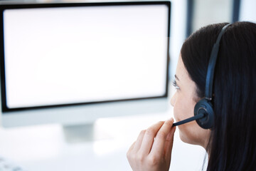 Aufkleber - woman, call center and consulting with mockup screen in customer service, support or telemarketing a