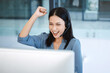 © Divan M/peopleimages.com - Happy woman, call center and fist in celebration for promotion, success or winning bonus at office. Excited female person, consultant or agent in joy for win, victory or customer service at workplace