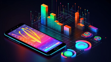 Poster - phone with display Application of Smartphone with business graphs and analytics data on an isometric mobile phone. Analysis trends and software development coding process concept, Generative AI