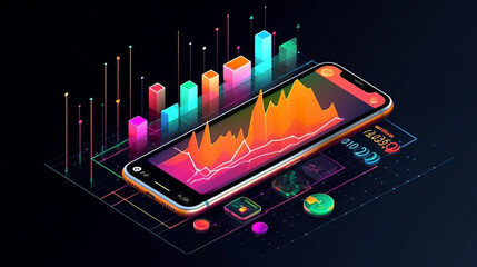 Poster - Application of Smartphone with business graph and analytics data on an isometric mobile phone. Analysis trends and software development coding process concept, Generative AI