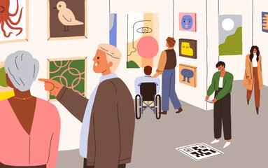 Wall Mural - Visitors in modern art gallery. People looking, watching contemporary paintings, pictures on wall in trendy museum hall. Visiting abstract artworks exhibition, exposition. Flat vector illustration