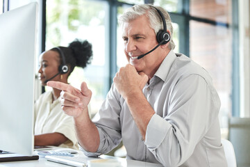Aufkleber - Call center, customer support and senior man on computer for online help, advice and telemarketing. Communication, office and mature male worker point to screen for contact, crm service or consulting