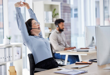 Poster - Customer service, woman with headset and stretching her arms at her desk with a computer of modern workplace. Online communication, telemarketing and female call center agent stretch for fatigue