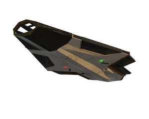 Poster - Huge sci-fi fantasy space ship with large open docking bay at the front, flying overhead. 3D rendering isolated.