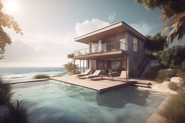 Wall Mural - a home that is perched on top of a beach and is located very close to the water Generative AI