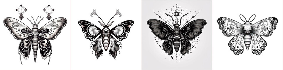 Wall Mural - Design features black and white moth vector design with basic shapes and lines Tattoo style design Symmetrical shape for aesthetic appeal