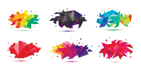 Vector set of abstract facet 3d shapes, geometric banners. Low poly triangle posters, polygon modern concept backgrounds.
