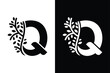 Letter Q alphabet and growing leaf with black and white color. Very suitable for symbol, logo, company name, brand name, personal name, icon, identity, business, marketing and many more.