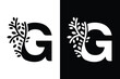 Letter G alphabet and growing leaf with black and white color. Very suitable for symbol, logo, company name, brand name, personal name, icon, identity, business, marketing and many more.