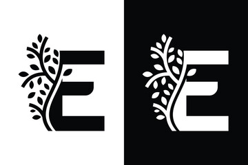 Poster - Letter E alphabet and growing leaf with black and white color. Very suitable for symbol, logo, company name, brand name, personal name, icon, identity, business, marketing and many more.