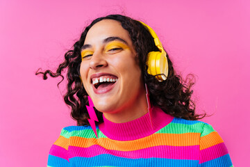 Creative studio portrait of beautiful hispanic woman with diastema